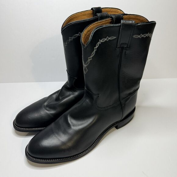 JUSTIN Black Leather Roper Toe Boots Mens 10.5 D Western Diamond and Scroll New main image 11